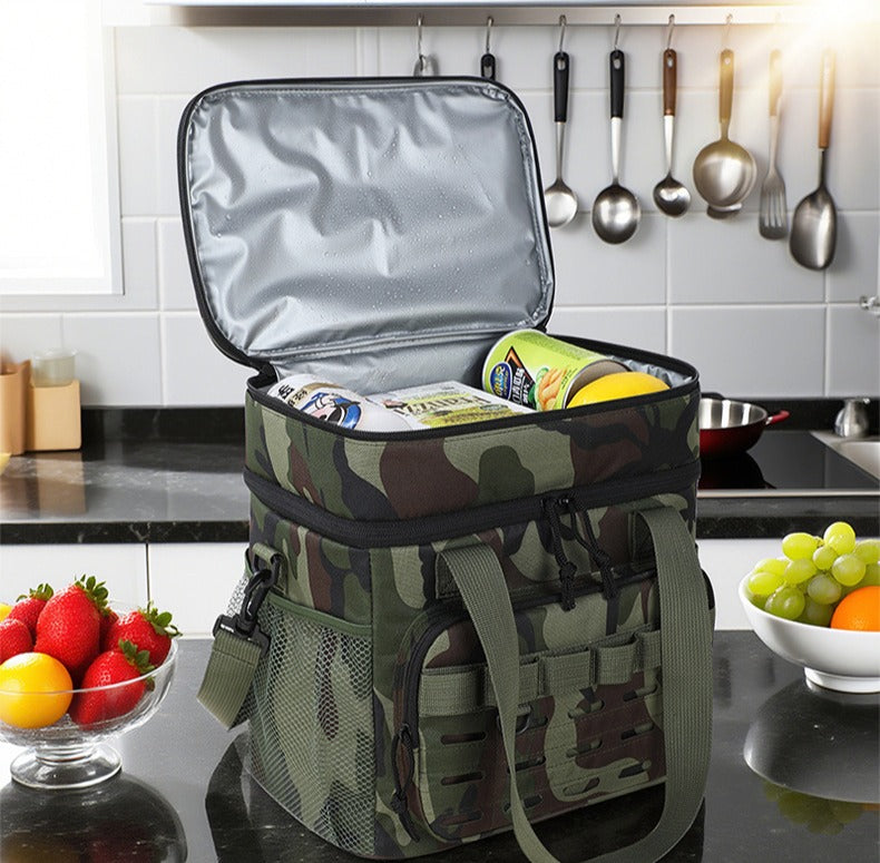 Outdoor double-layer cooler bag with camouflage design, large capacity shoulder tote for picnics, food delivery and more.