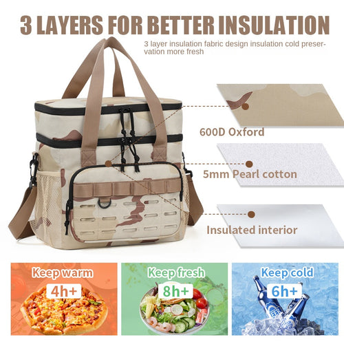 Outdoor Double-Layer Cooler Bag with Camouflage Design, Large Capacity Shoulder Tote for Picnics and Food Delivery