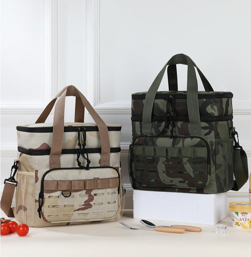 Outdoor double-layer cooler bag with camouflage design, large capacity shoulder tote for picnics, food delivery and more.