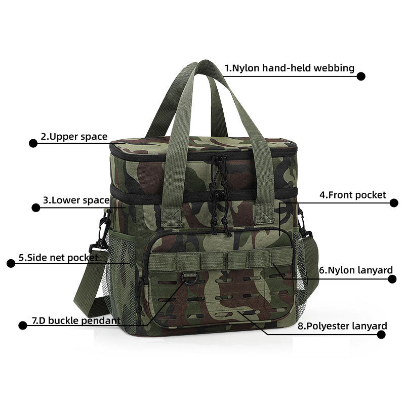 Outdoor double-layer cooler bag with camouflage design, large capacity shoulder tote for picnics, food delivery and more.