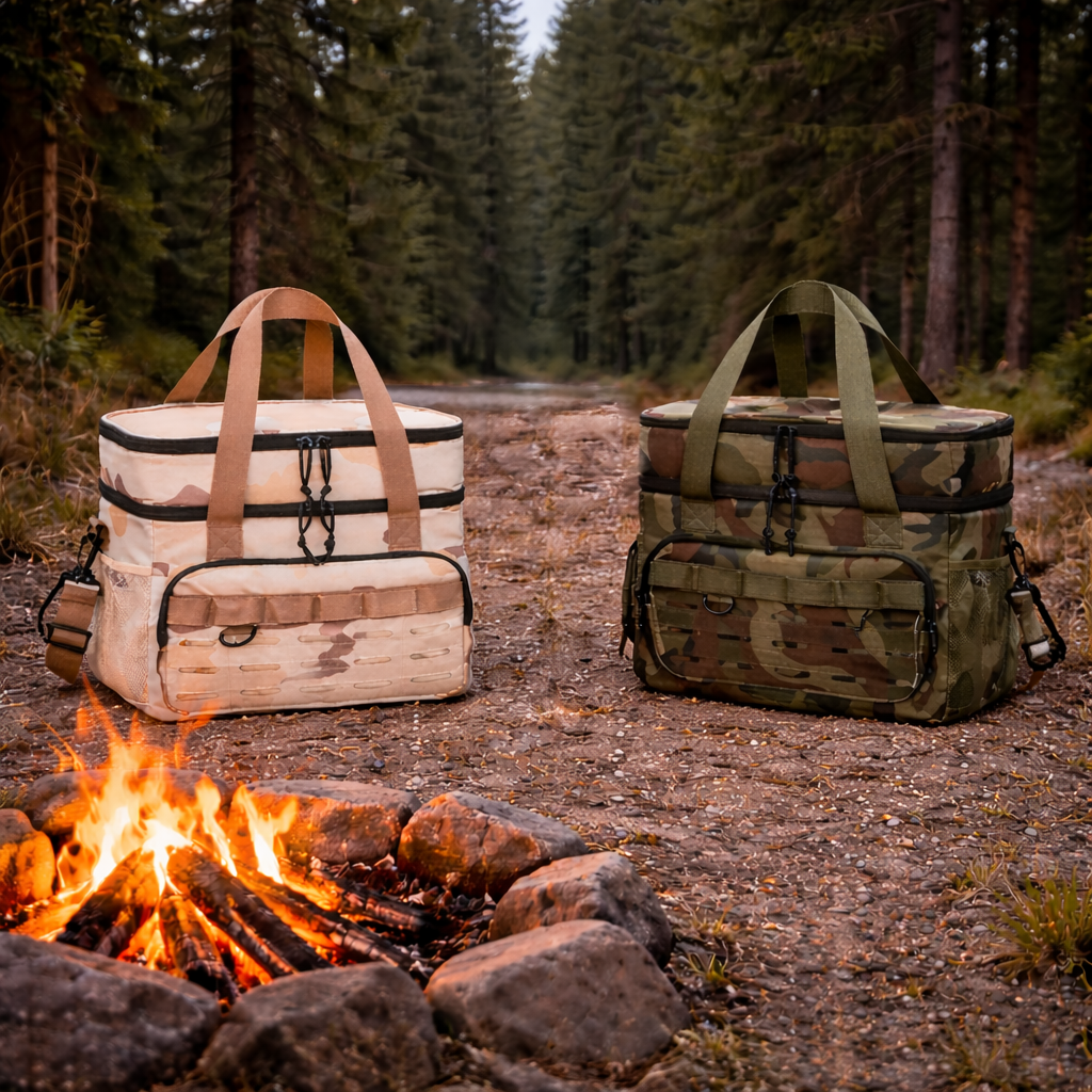 Outdoor double-layer cooler bag with camouflage design, large capacity shoulder tote for picnics, food delivery and more.